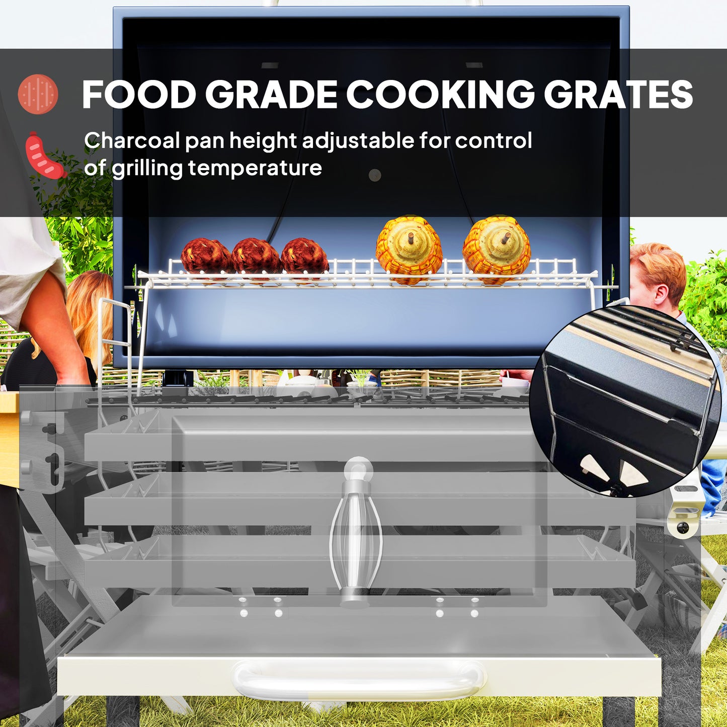 Charcoal BBQ Grill, Outdoor Portable Cooker For Camping Or Backyard Picnic, Barbecue Grill With Side Table, Bottom Storage Shelf, Wheels And Handle, Black