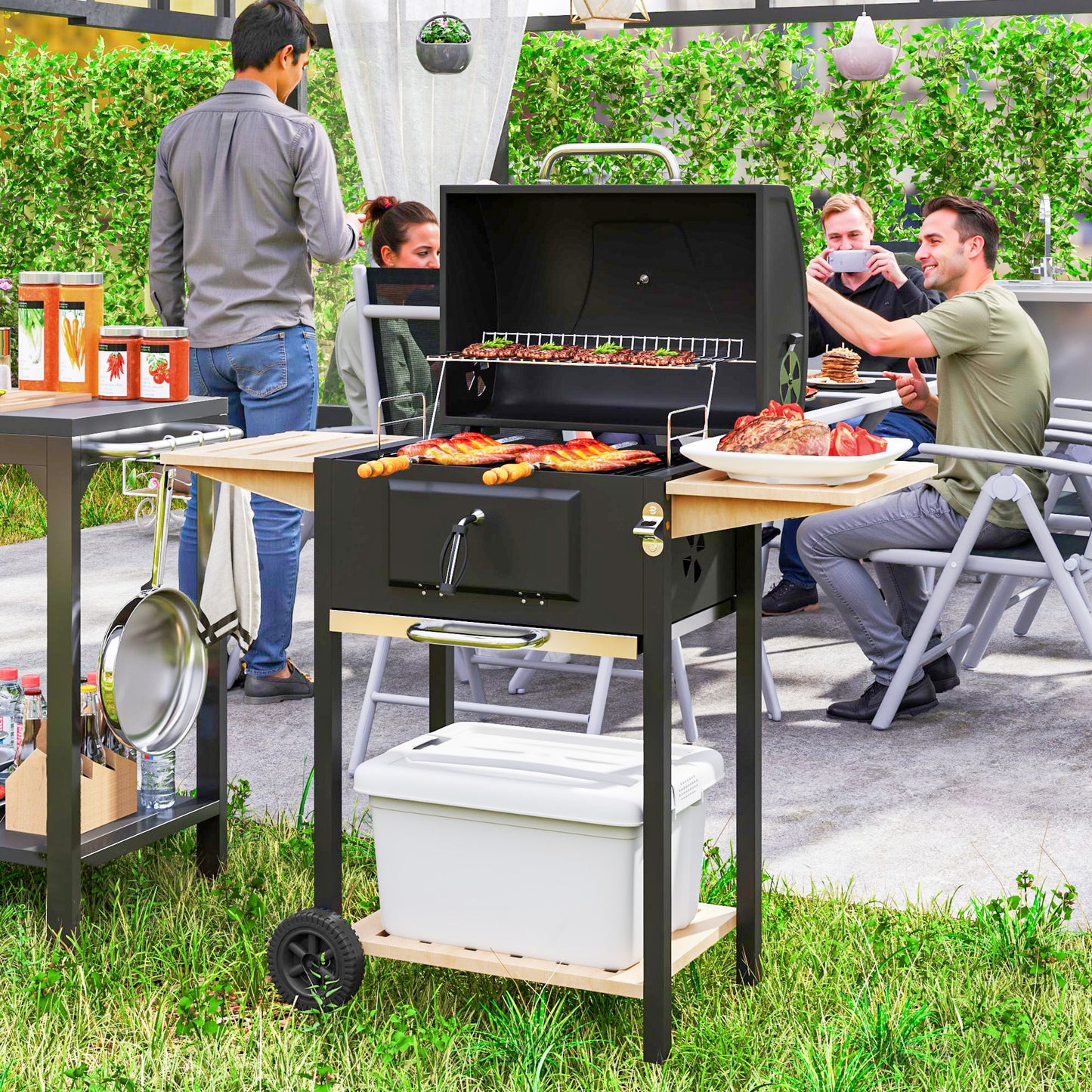 Charcoal BBQ Grill With 245 Sq. In. Cooking Area, Adjustable Charcoal Pan, 3 Shelves, Thermometer, Black